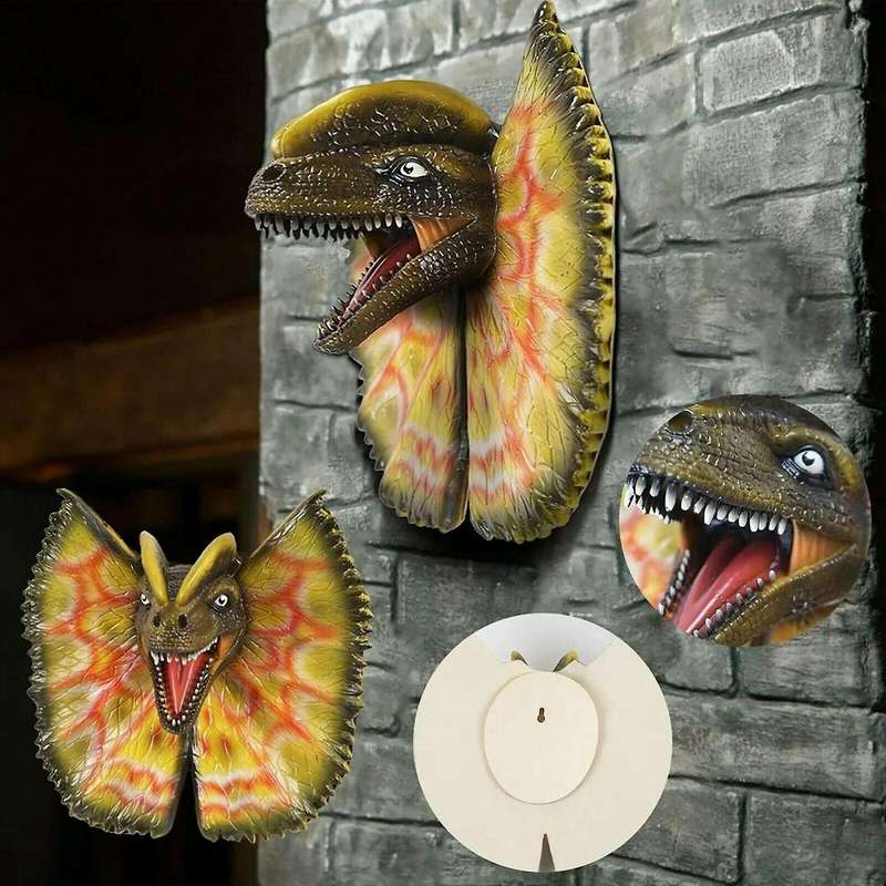 Wall Mounted Dinosaur Wall Bust Dinosaur Head Sculpture Wall Hanging Life-Like Figurine Latex Foam A