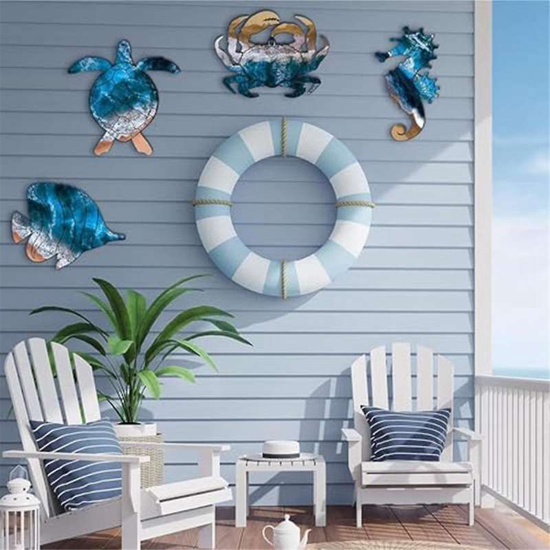 Wall Sculptures Metal Outdoor Wall Art Decor, Beach Pool Sea Decor Theme with Metal Sea Turtle Fish