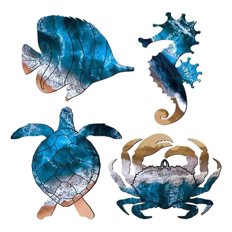 Wall Sculptures Metal Outdoor Wall Art Decor, Beach Pool Sea Decor Theme with Metal Sea Turtle Fish