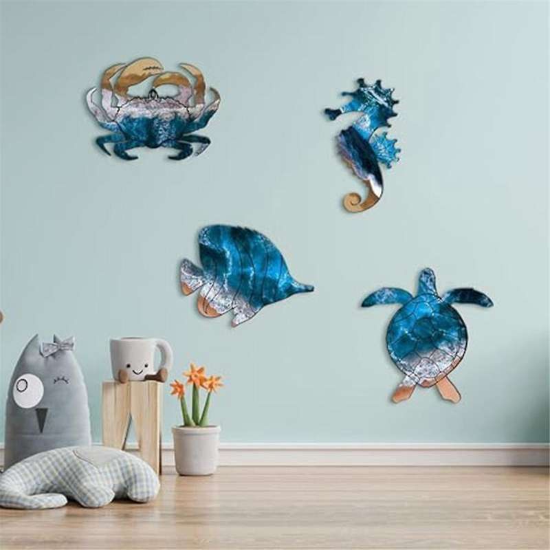 Wall Sculptures Metal Outdoor Wall Art Decor, Beach Pool Sea Decor Theme with Metal Sea Turtle Fish