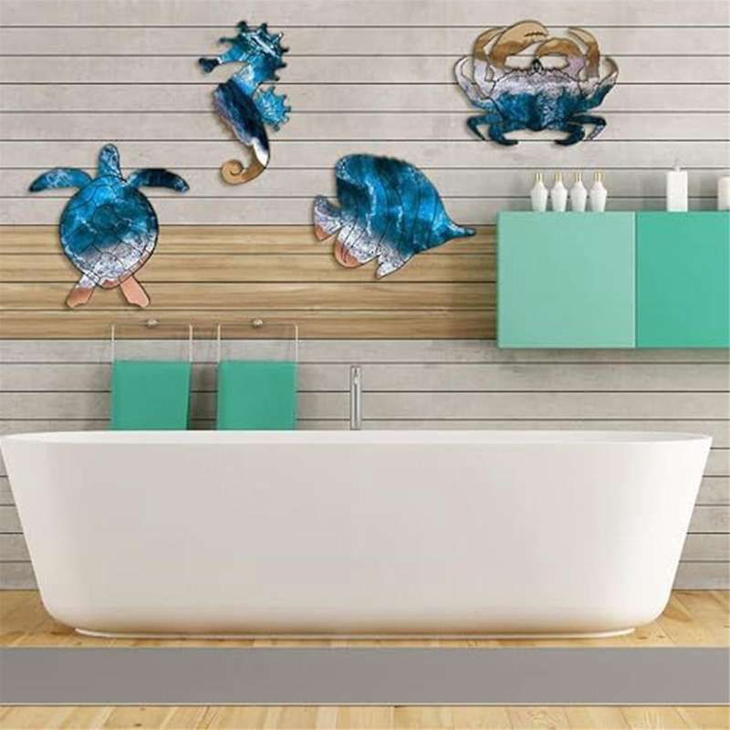 Wall Sculptures Metal Outdoor Wall Art Decor, Beach Pool Sea Decor Theme with Metal Sea Turtle Fish