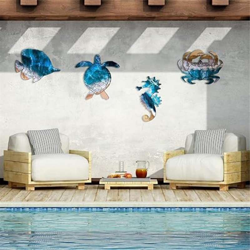 Wall Sculptures Metal Outdoor Wall Art Decor, Beach Pool Sea Decor Theme with Metal Sea Turtle Fish