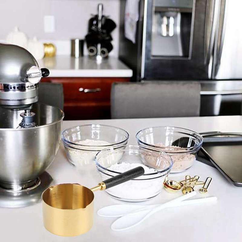 Walnut Wooden Handle Plated Gold Measuring Spoon Cups Kitchen Baking Supplies Bartending Measuring T