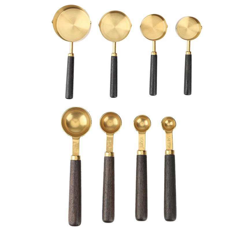 Walnut Wooden Handle Plated Gold Measuring Spoon Cups Kitchen Baking Supplies Bartending Measuring T