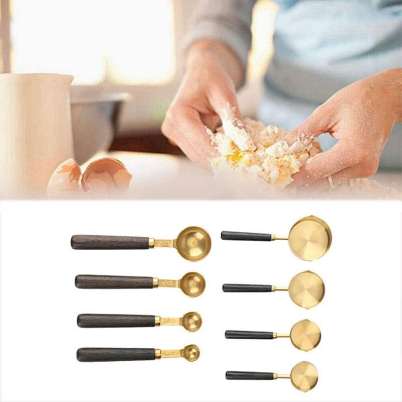 Walnut Wooden Handle Plated Gold Measuring Spoon Cups Kitchen Baking Supplies Bartending Measuring T