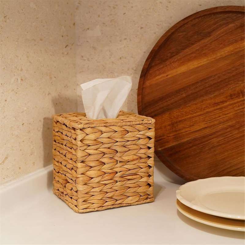 Water Hyacinth Handwoven Tissue Box Cover, Handmade Wicker Napkin Box Holder, Rustic Decorative on T
