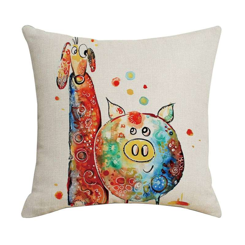 Watercolor Animal Cushion Covers Dog Pig Sofa Throw Pillow Case 45X45Cm Linen Pillowcases Decors Chi
