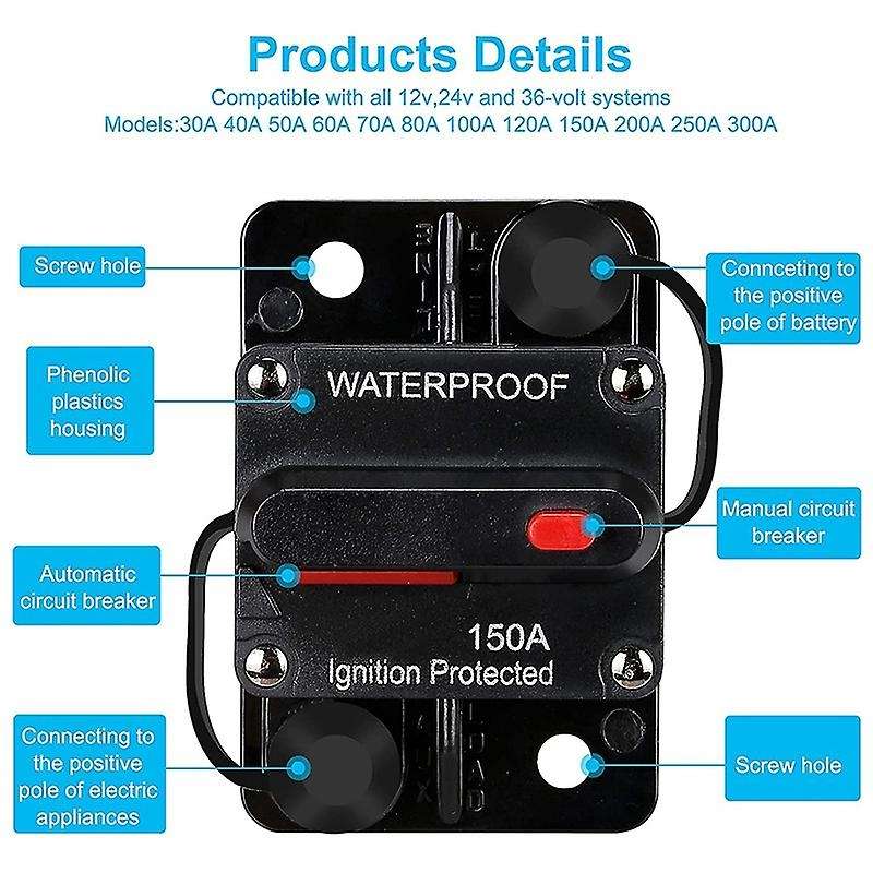 Waterproof Circuit Breaker,with Manual Reset,12v-48v Dc,150a,for Car Trolling Motors Boat Power