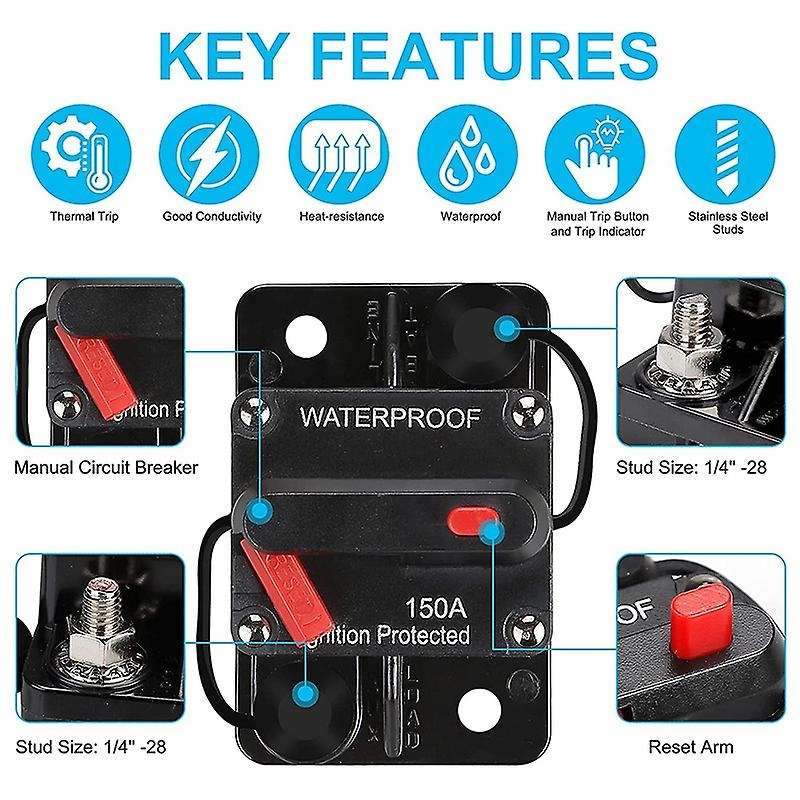 Waterproof Circuit Breaker,with Manual Reset,12v-48v Dc,150a,for Car Trolling Motors Boat Power