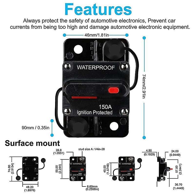 Waterproof Circuit Breaker,with Manual Reset,12v-48v Dc,150a,for Car Trolling Motors Boat Power