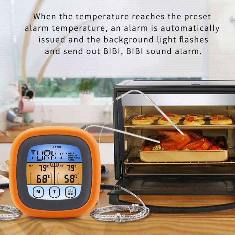 Waterproof Dual Probe Digital Meat Thermometer with Touch Screen for Grill BBQ Food