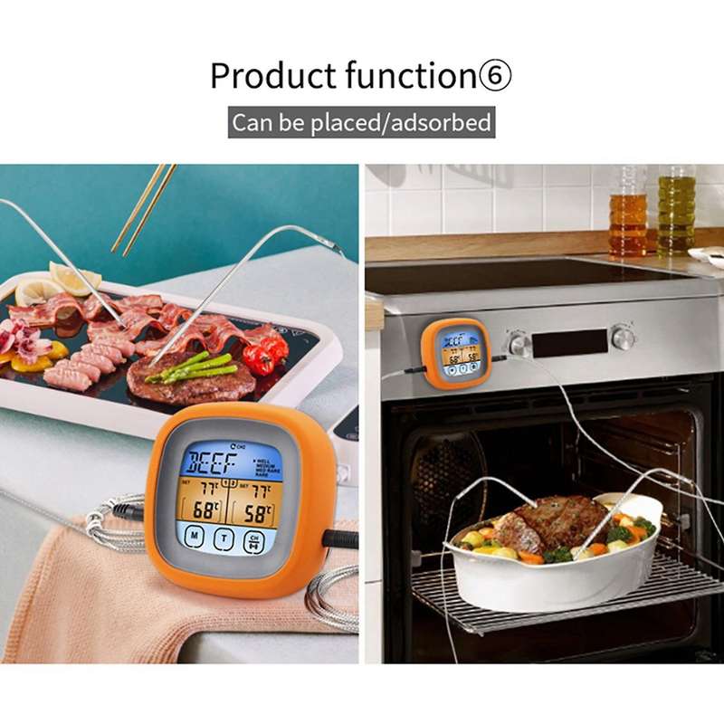 Waterproof Dual Probe Digital Meat Thermometer with Touch Screen for Grill BBQ Food