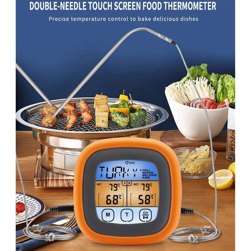 Waterproof Dual Probe Digital Meat Thermometer with Touch Screen for Grill BBQ Food