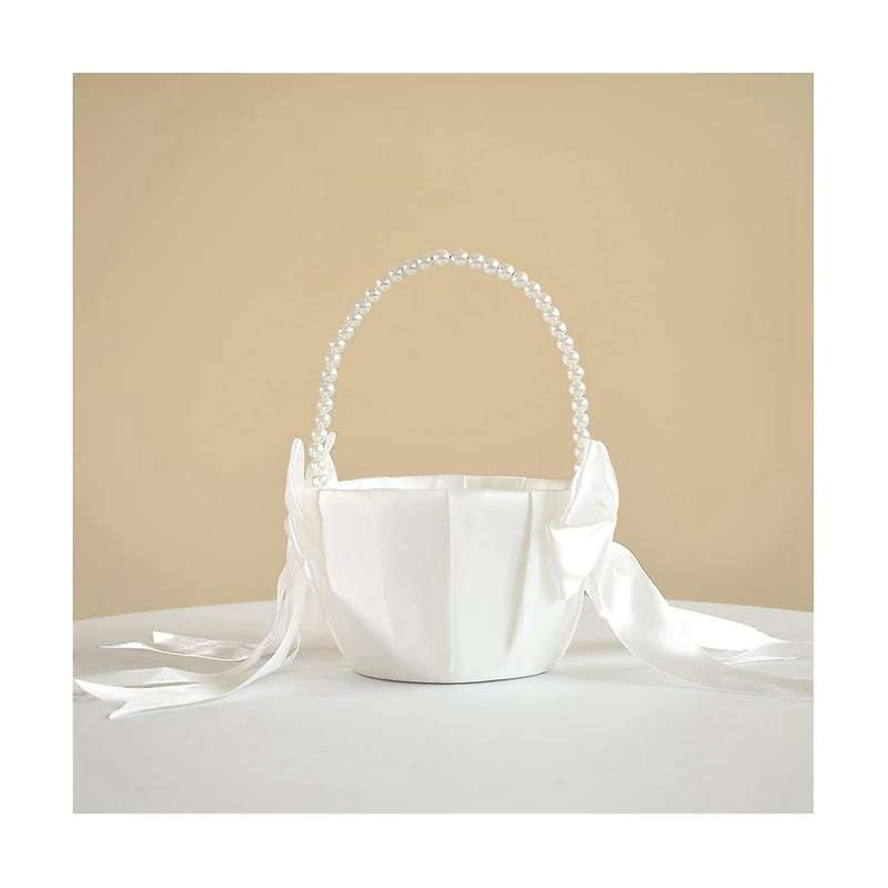 Wedding Flower Girl Basket with Cute Pearl Handle Bowknot Satin Flower Baskets for Wedding Ceremony