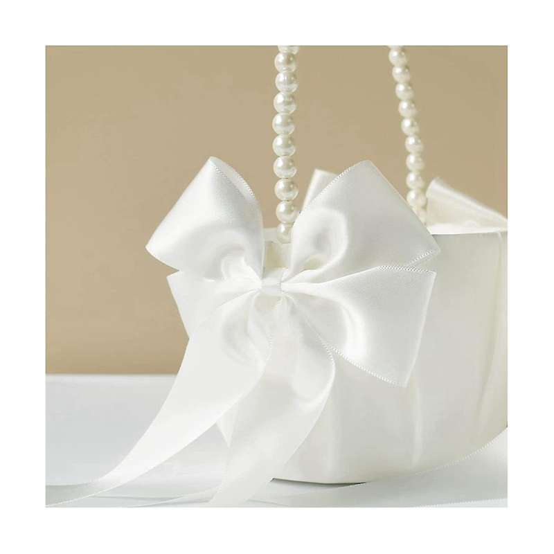 Wedding Flower Girl Basket with Cute Pearl Handle Bowknot Satin Flower Baskets for Wedding Ceremony