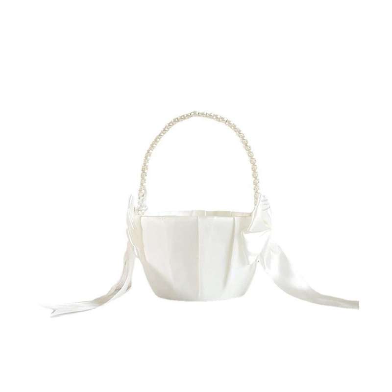 Wedding Flower Girl Basket with Cute Pearl Handle Bowknot Satin Flower Baskets for Wedding Ceremony