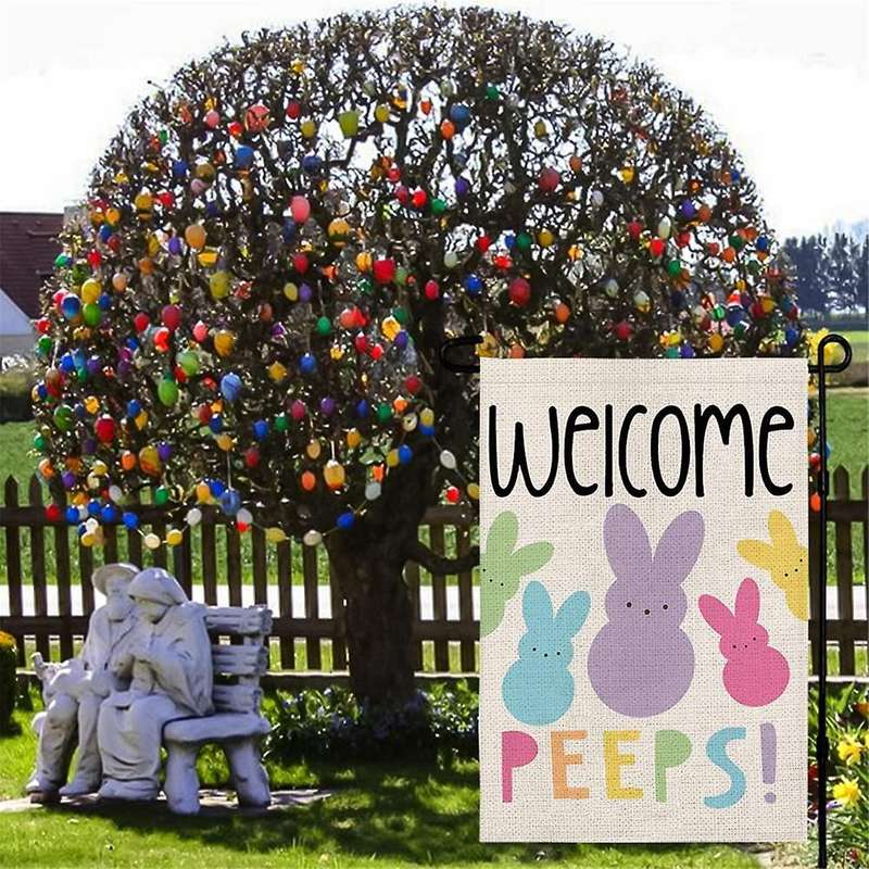Welcome Easter Garden Flag Double Sided Vertical Bunny Banners Spring Outdoor Farmhouse Decoration