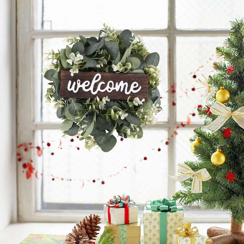 Welcome Sign with Garland Door Decoration Wooden Hanging Sign with Artificial Eucalyptus Farmhouse P