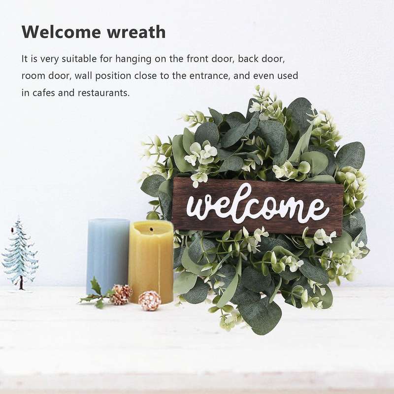 Welcome Sign with Garland Door Decoration Wooden Hanging Sign with Artificial Eucalyptus Farmhouse P