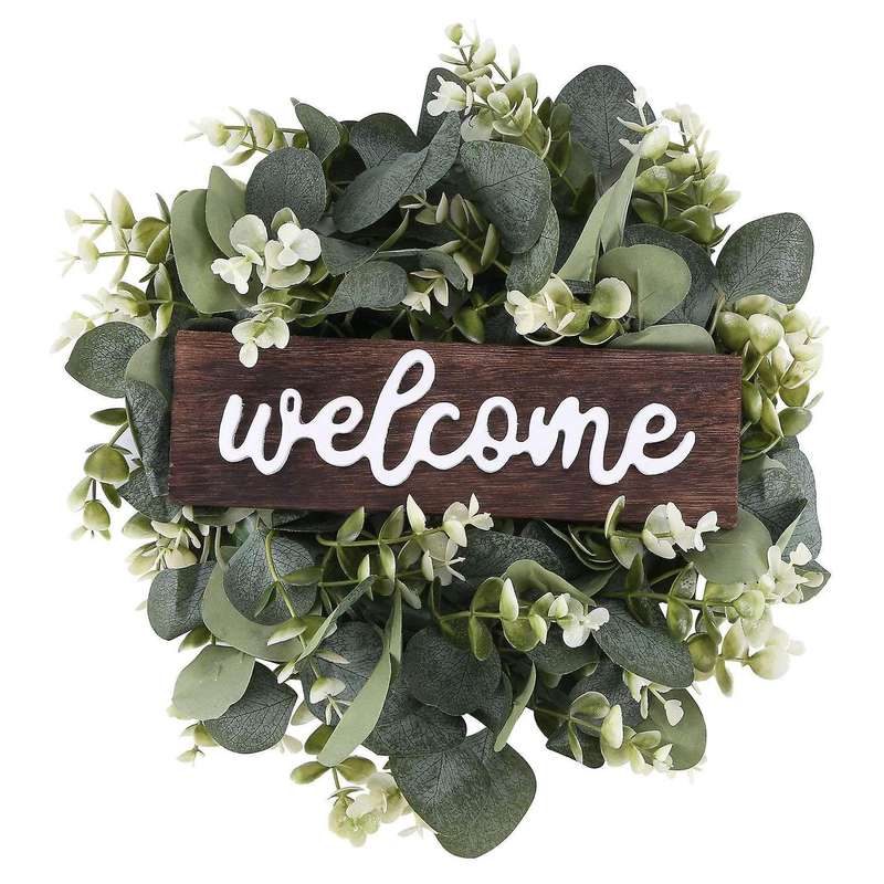 Welcome Sign with Garland Door Decoration Wooden Hanging Sign with Artificial Eucalyptus Farmhouse P