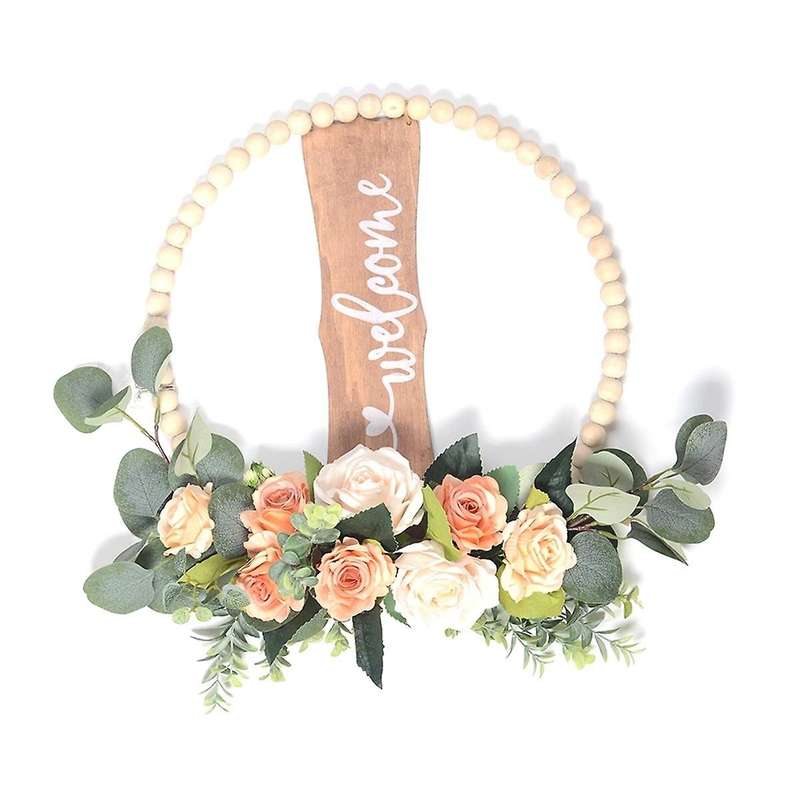 Welcome Sign for Front Door, Wood Beads and Eucalyptus Wreath, Indoor Outdoor All Seasons Floral Wre