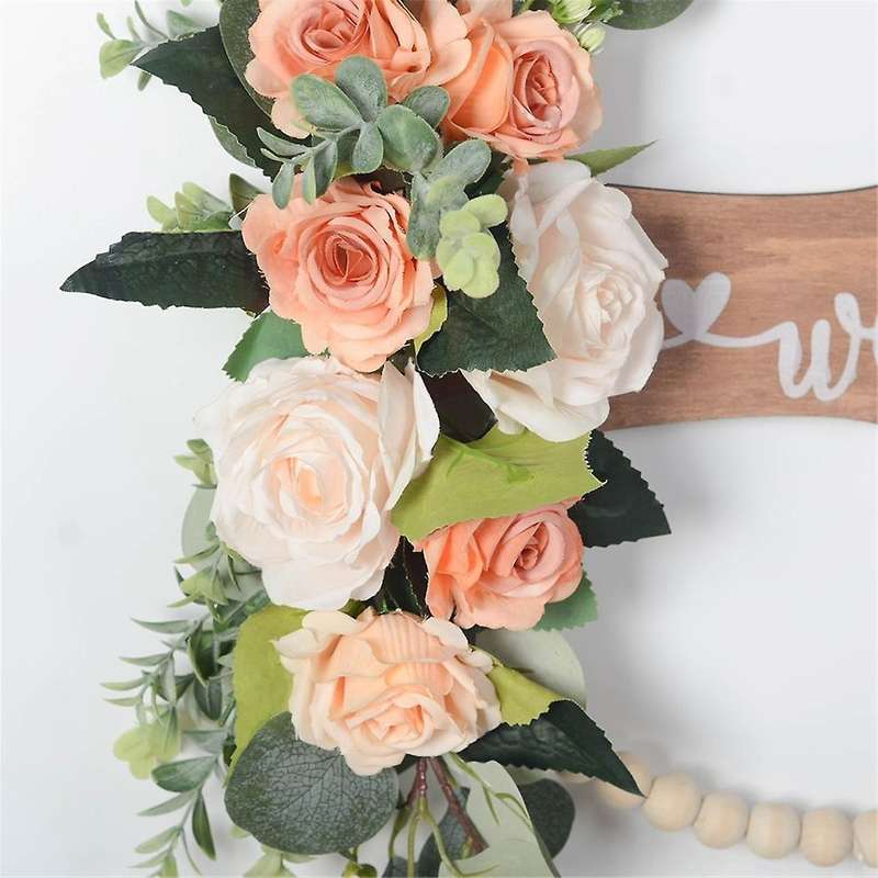 Welcome Sign for Front Door, Wood Beads and Eucalyptus Wreath, Indoor Outdoor All Seasons Floral Wre