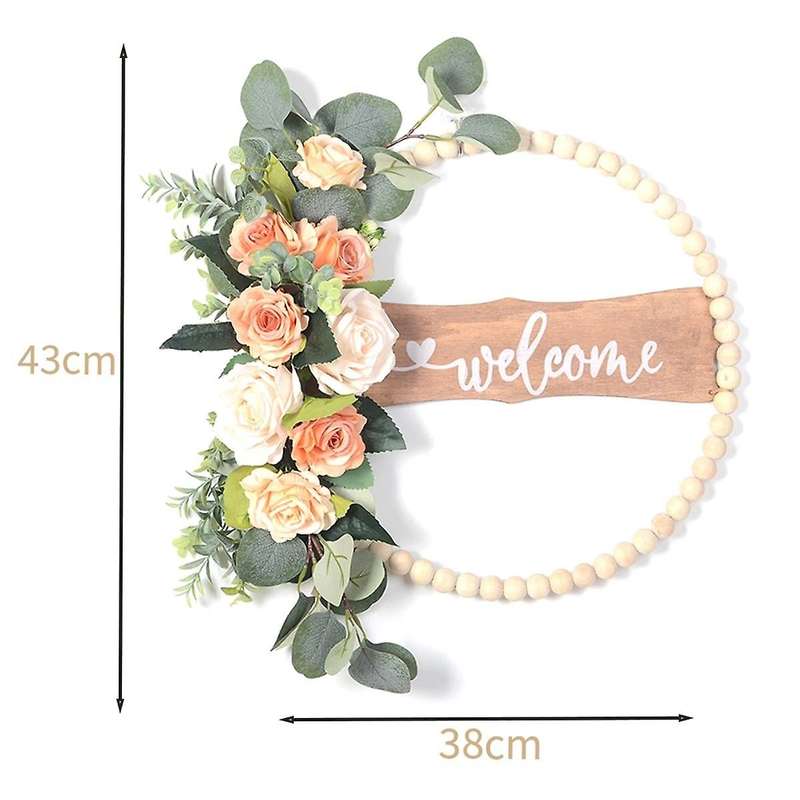 Welcome Sign for Front Door, Wood Beads and Eucalyptus Wreath, Indoor Outdoor All Seasons Floral Wre