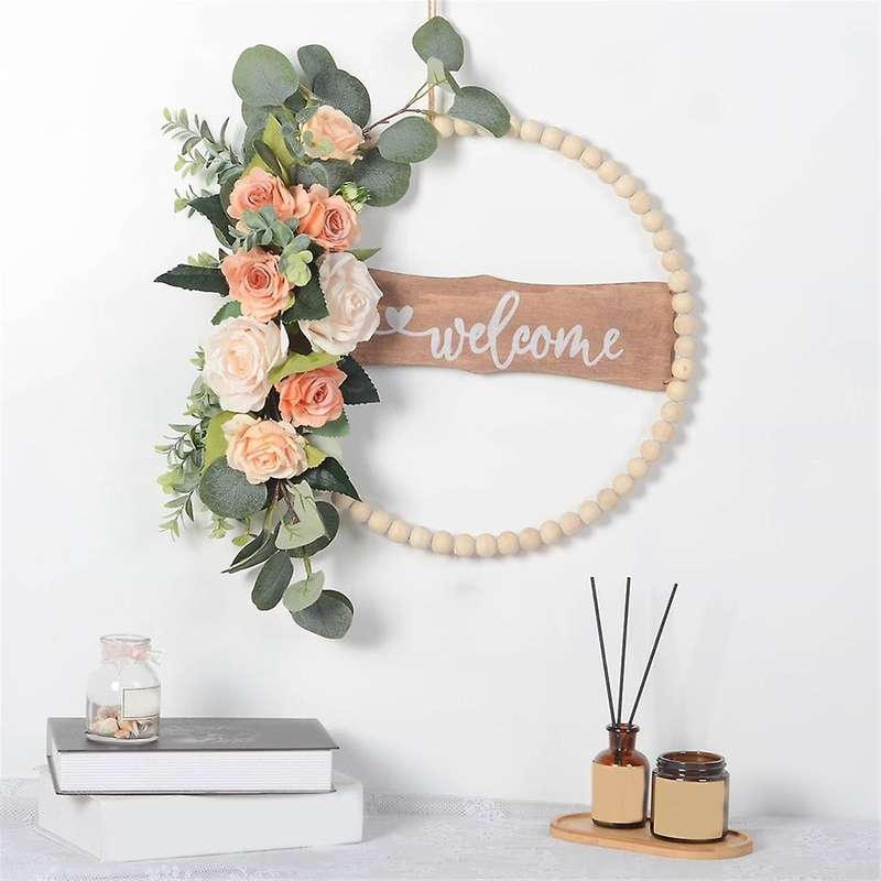 Welcome Sign for Front Door, Wood Beads and Eucalyptus Wreath, Indoor Outdoor All Seasons Floral Wre