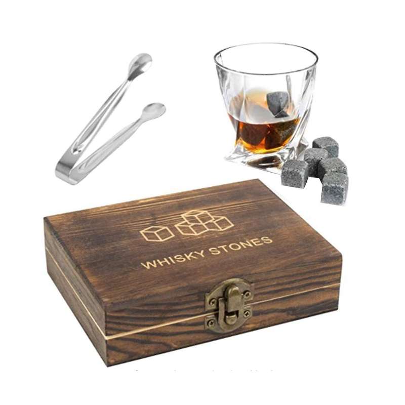 Whiskey Set 9 Granite Whiskey Rocks with Wooden Box Reusable Cooling Ice Cubes