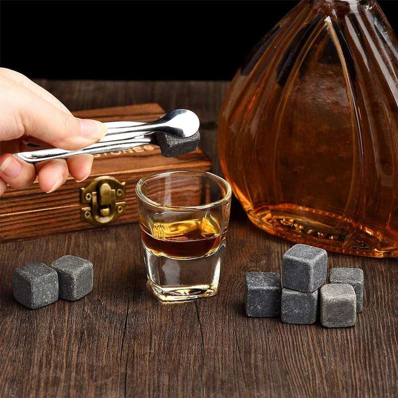 Whiskey Set 9 Granite Whiskey Rocks with Wooden Box Reusable Cooling Ice Cubes