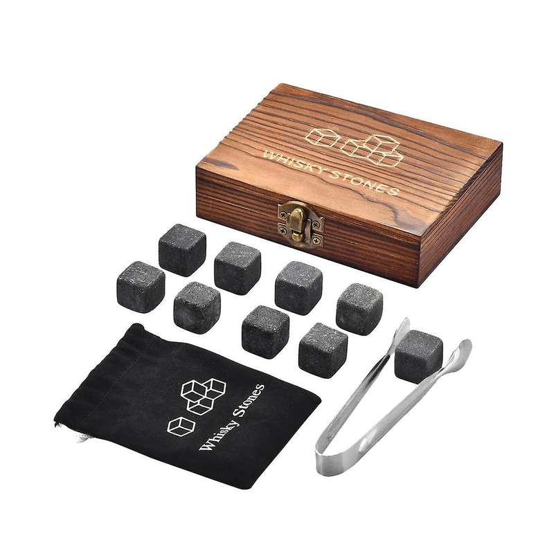 Whiskey Set 9 Granite Whiskey Rocks with Wooden Box Reusable Cooling Ice Cubes