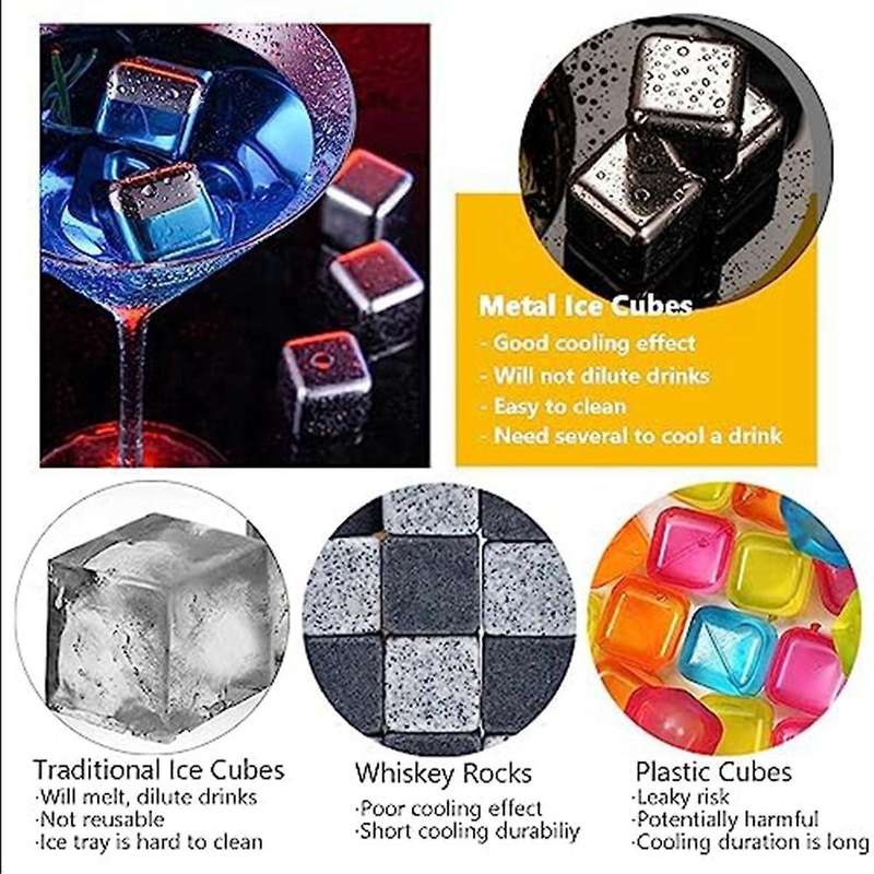 Whiskey Stones 6 Pack, Metal Reusable Ice-Cubes, High Cooling Technology, Stainless Steel Ice-Cubes