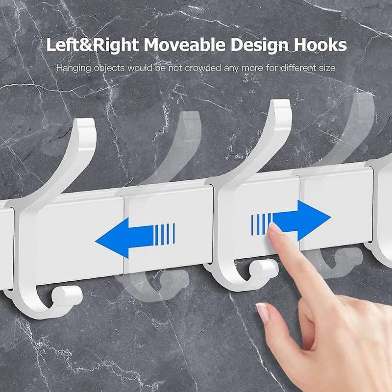 White Coat Hooks, Wall Mounted Coat Rack Aluminum Alloy Towel Rope Hook Moveable Dual-Hooks for Bath