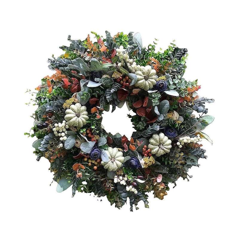 White Pumpkins Ranunculus Wreath Fall Decor for Front Door, Handmade Hydrangea Big White Pumpkin Wre