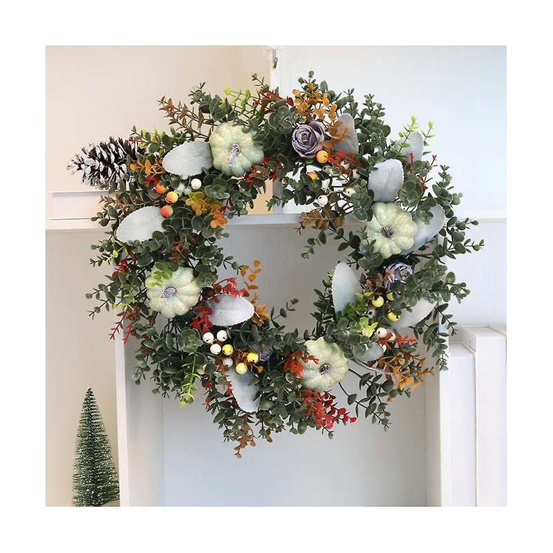 White Pumpkins Ranunculus Wreath Fall Decor for Front Door, Handmade Hydrangea Big White Pumpkin Wre