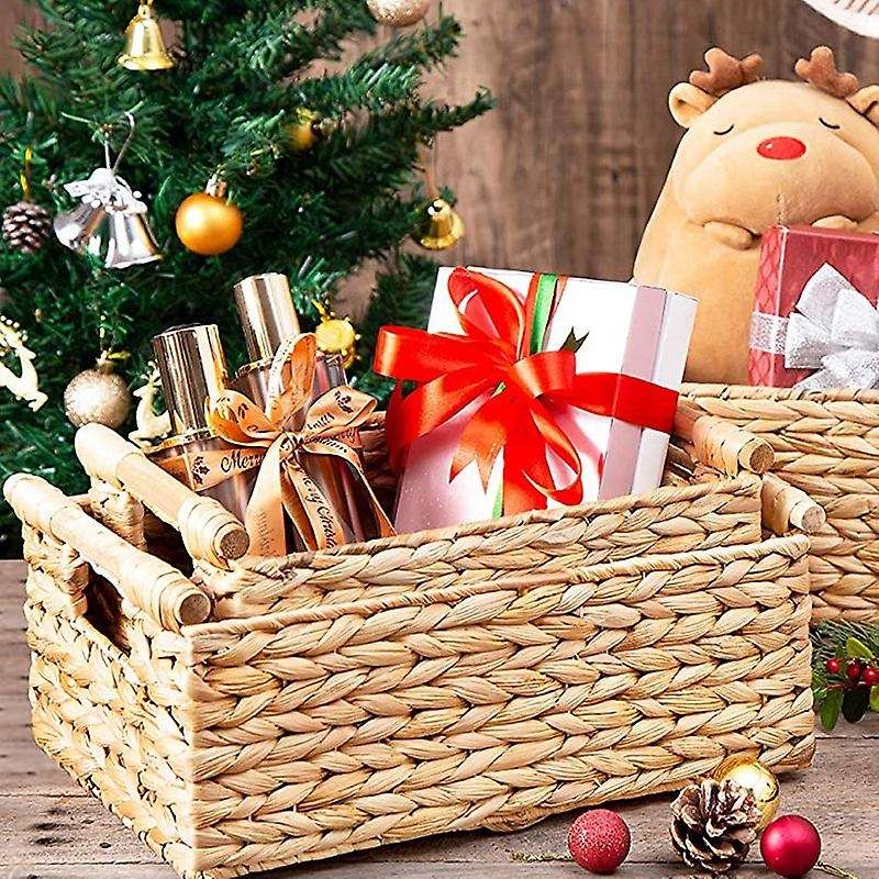 Wicker Basket Rectangular with Wooden Handles for Shelves,water Hyacinth Basket Storage,natural Bas