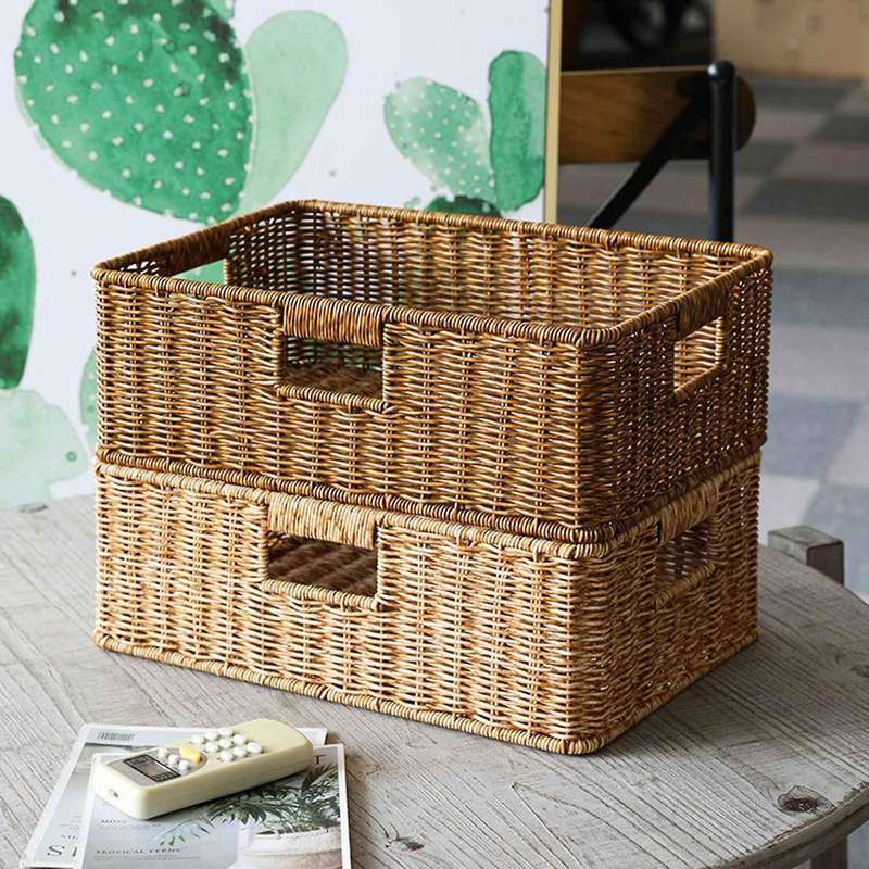 Wicker Storage Basket Rattan Woven Shelf Storage Basket Stackable Shelf Organizer Basket with Handle