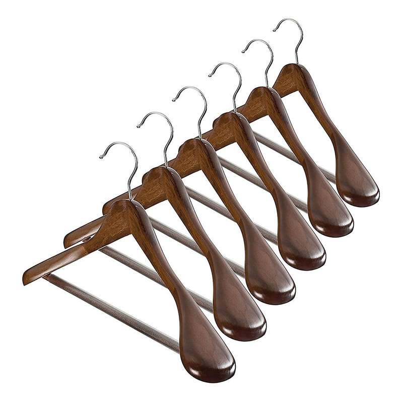 Wide Shoulder Wooden Hangers 6 Pack with Non Pants Bar - Finish Solid Wood Suit Hanger Coat Hanger