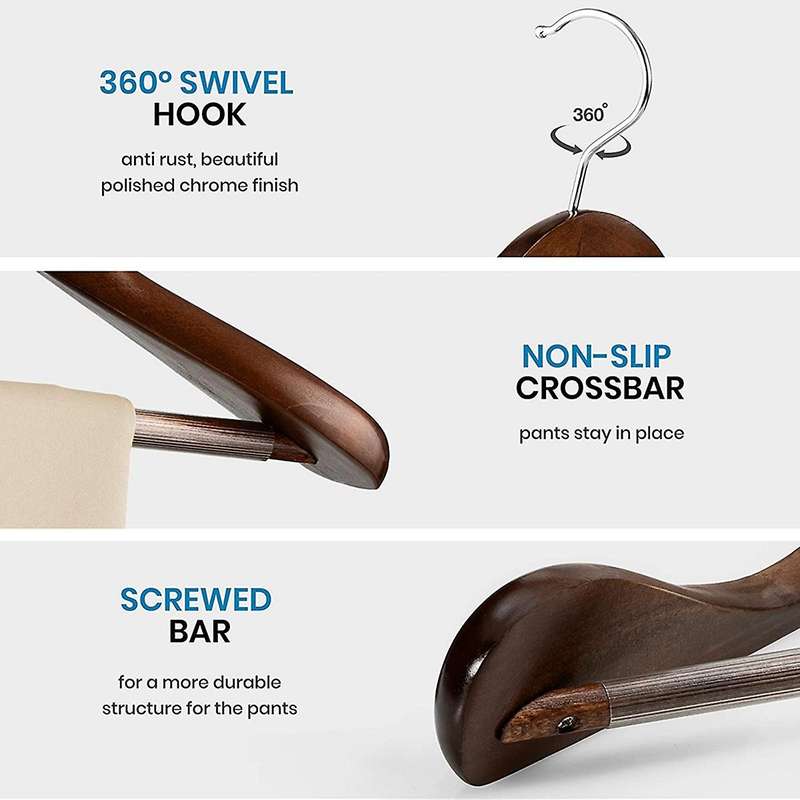 Wide Shoulder Wooden Hangers 6 Pack with Non Pants Bar - Finish Solid Wood Suit Hanger Coat Hanger