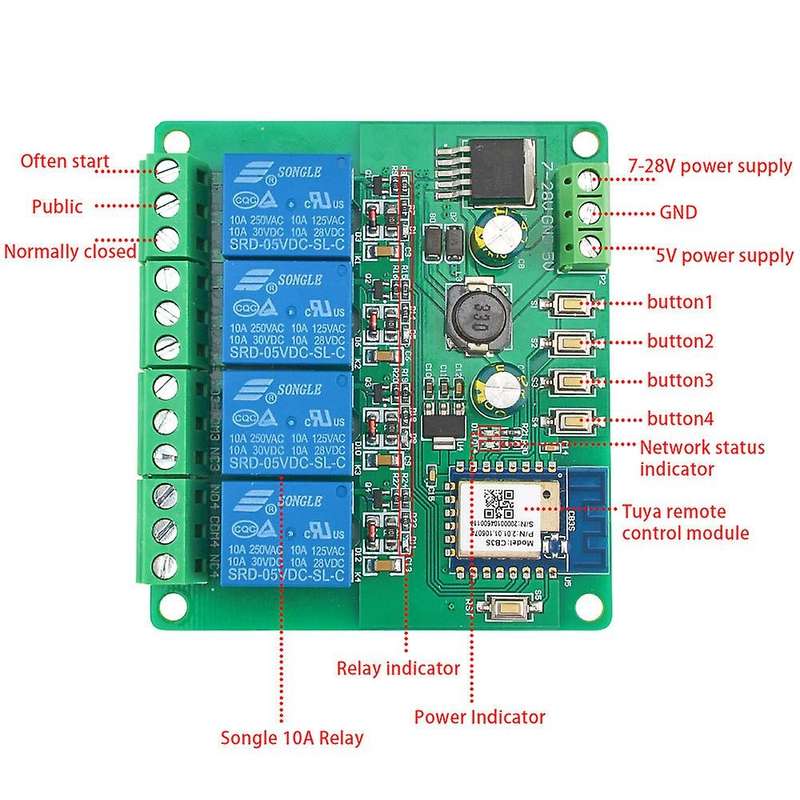 Wifi Smart Quad WiFi Remote Relay Module 4CH DC5V/7-28V 3200W 10A Relays Smart Switch with Tuya Smar