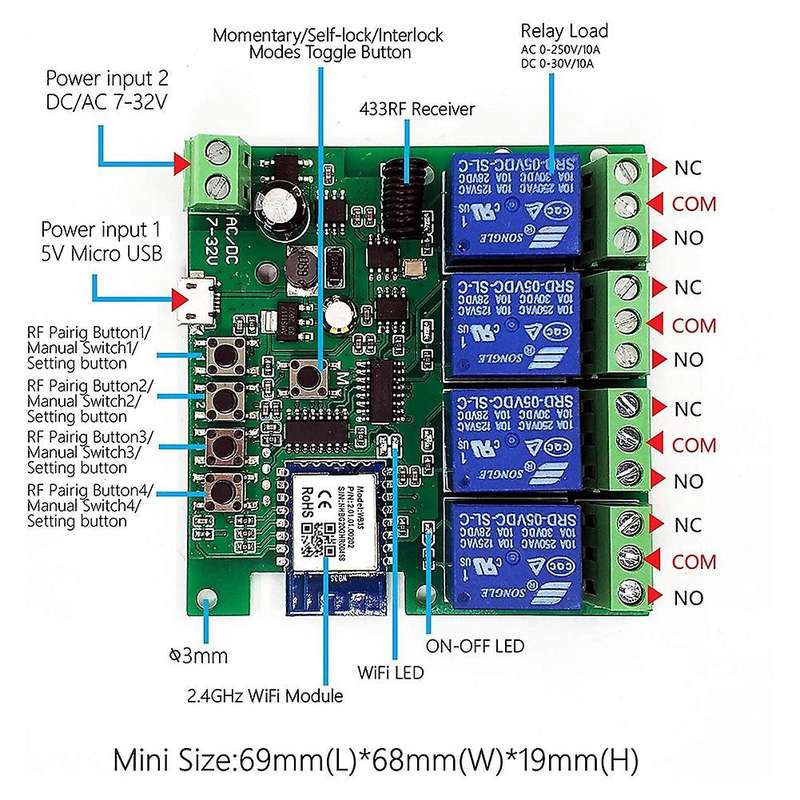 WiFi Wireless Relay Module 4 Channels Remote Switch Inching / Self-Locking Switch Alexa Relay DIY fo