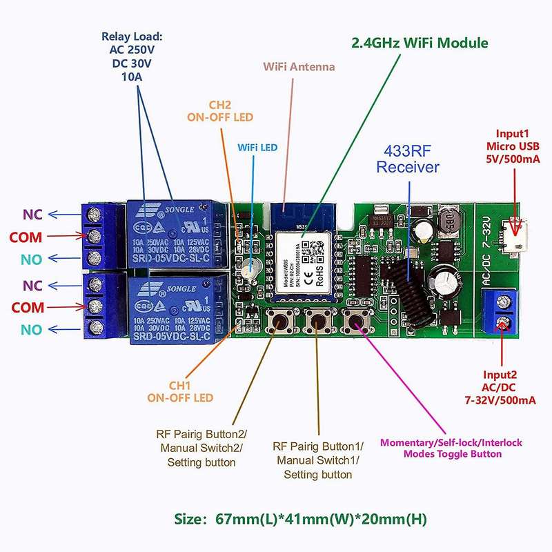 WiFi Wireless Relay Module 2 Channels Remote Switch AC220V Inching/Self-Locking Switch Alexa Relay D