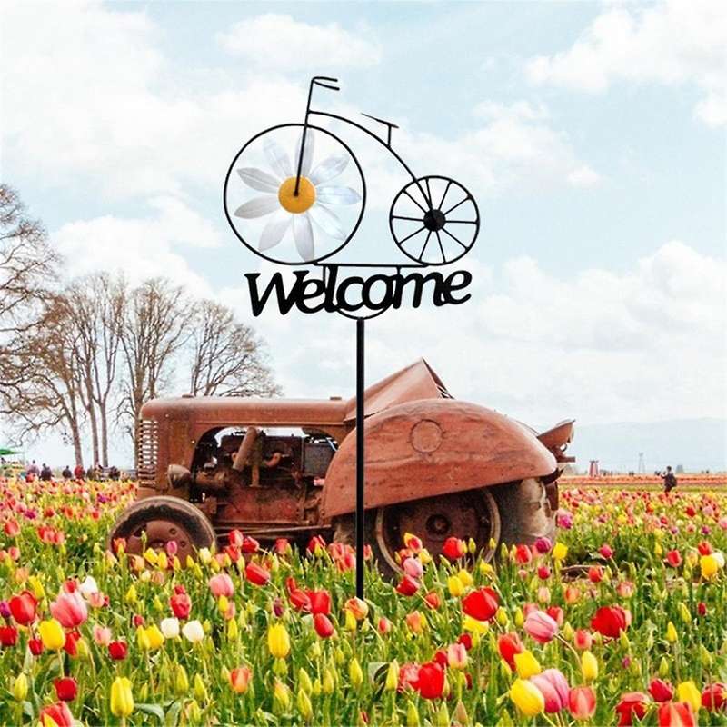 Wind Spinner Metal 3d Windmill Welcome Sign Stakes Front Door Decor Bike Stand Craft Outdoor Yard &