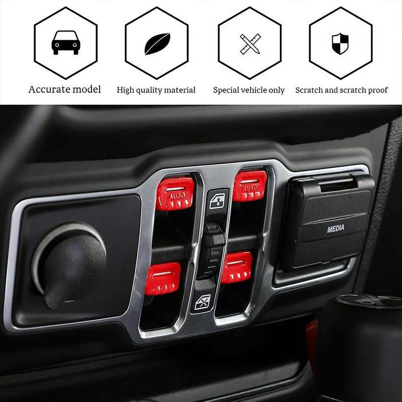 Window Lift Switch Adjust Button Cover Trim ABS Interior Accessories for JL JT 2018-2021 (Red)