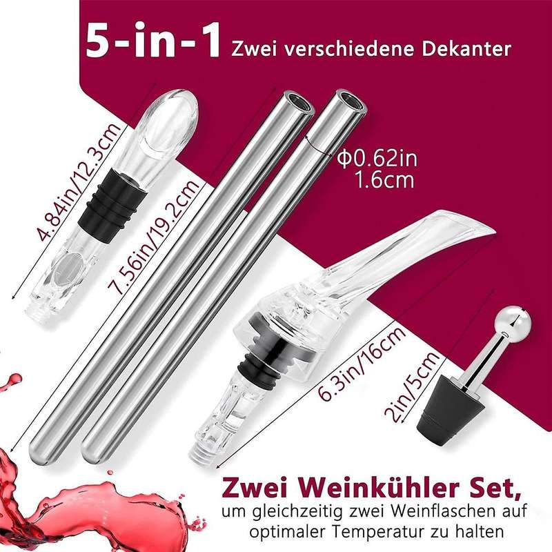 Wine Cooling Stick, Wine Cooler Stick Set Including 2 Different Decanters + 2 Pieces Stainless Steel