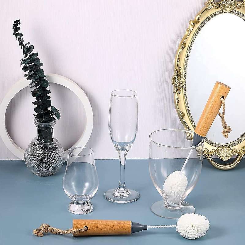 Wine Glass Cleaning Brush Flute and Stemware Brush Non Scratch Foam Bristle Brush with Wooden Handl