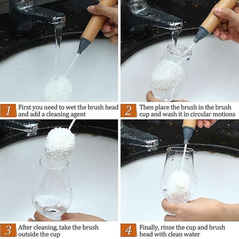 Wine Glass Cleaning Brush Flute and Stemware Brush Non Scratch Foam Bristle Brush with Wooden Handl