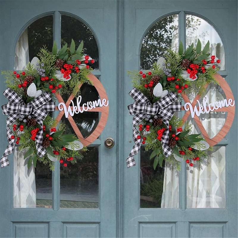 Winter Wreath-farmhouse Wagon-wheel Christmas Wreath for Front Door Porch Outside Vintage Wall Decor