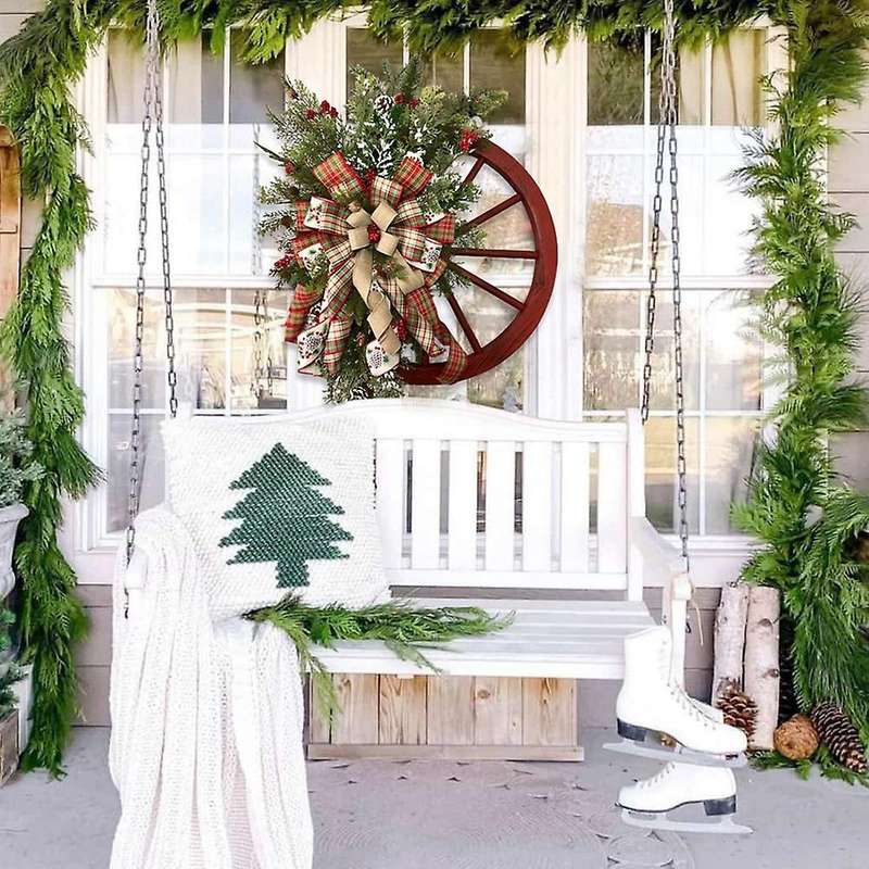 Winter Wreath Wagon Wheel Wreath Farmhouse Front Door Christmas Wreath Decorative Red Wagon Wheel W