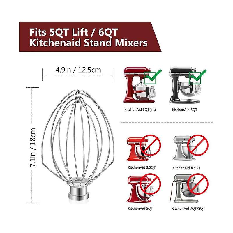 Wire Whip for Stand Mixer 5QT Lift and 6QT, Whisk Attachment, Stainless Steel Egg Cream Stirrer